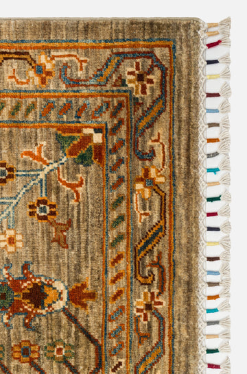 El dokuma Afgan halı adaçayı yeşili sultanabad çiçek 208x301 cm kenar ve saçak detayı