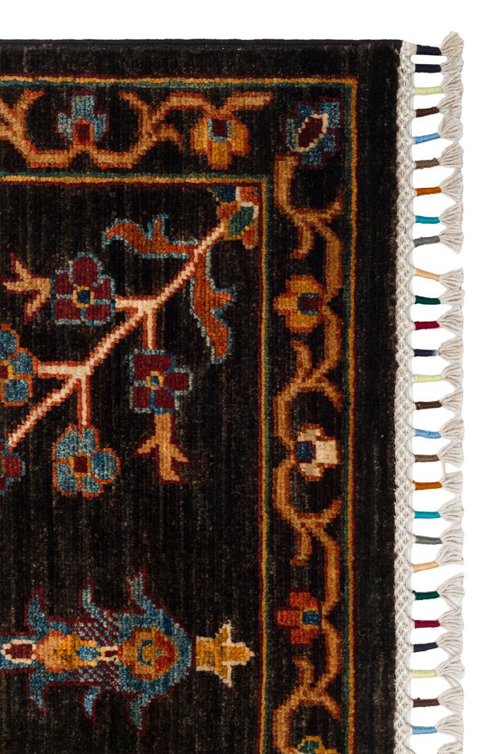El dokuma Afgan halı antrasit gece bahçesi çiçek 203x299 cm kenar ve saçak detayı