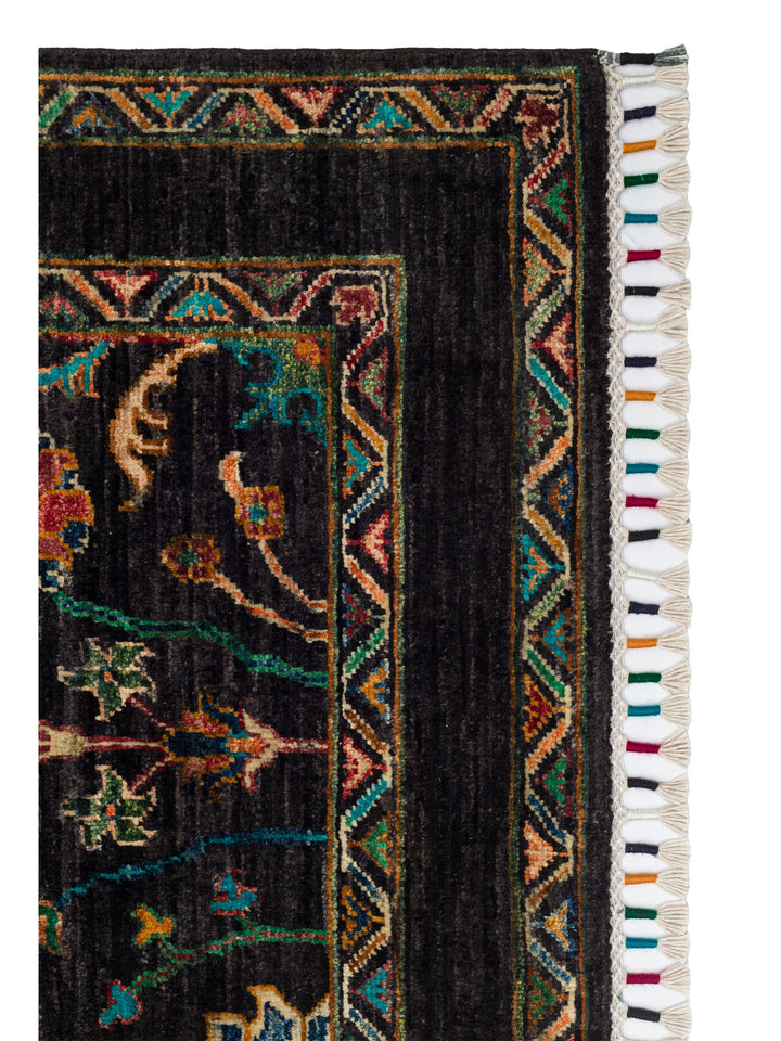 El dokuma Afgan halı siyah bitkisel desen 125x189 cm