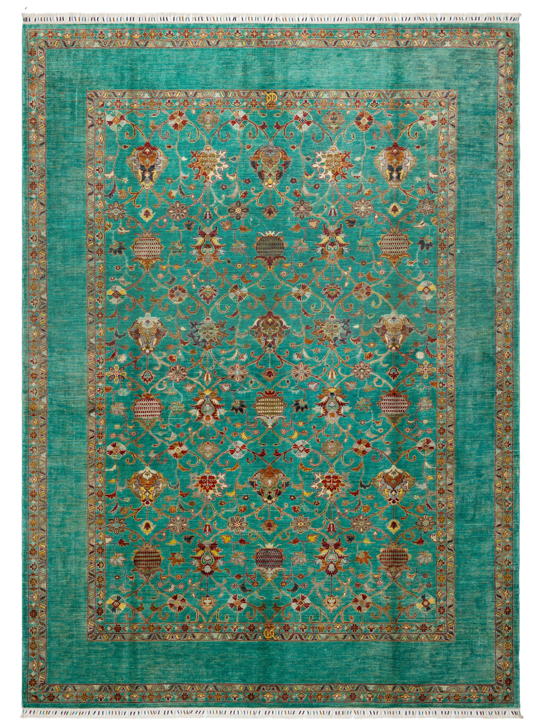 El dokuma Afgan halı turkuaz Şah Abbas palmet rozet kuşbakışı 268x365 cm