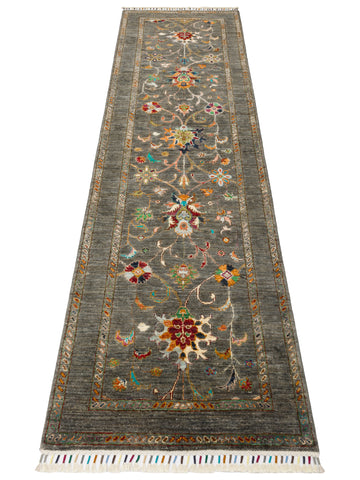 El dokuma Afgan halı antrasit bitkisel desen 82x263 cm