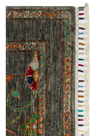 El dokuma Afgan halı antrasit bitkisel desen 82x263 cm