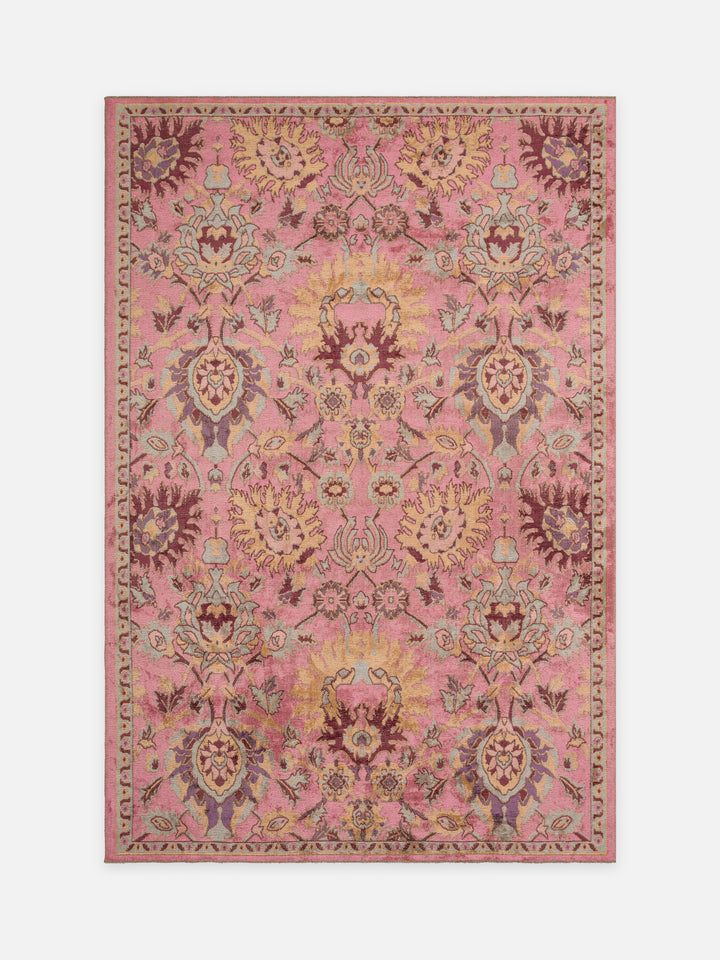 Ruggadocia Mahal Pembe Çiçek Desenli Halı Fuşya kuşbakışı