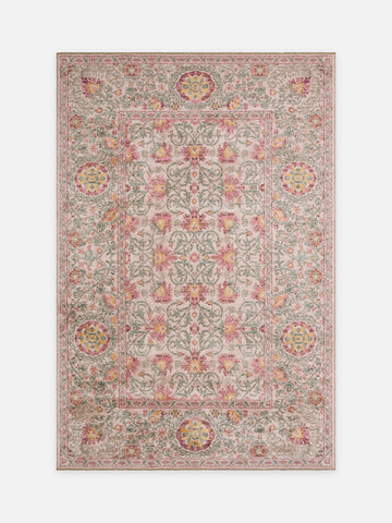 Ruggadocia Mahal Pembe Çiçek Desenli Halı Somon kuşbakışı