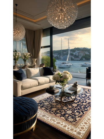 Topkapı Serisi Yüksek Kalite Sık Dokuma Klasik Desenli Özel Işıltılı Salon Halısı 03 NAVY CREAM - Carpetdocia